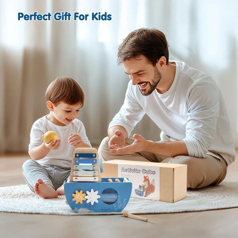 Baby Wooden Montessori Toys Cartoon Wooden Ship Multi-function Game Music Percussion Toy Sensory Educational Toys For  Newborns