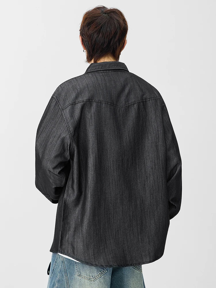 Men's Denim Shirts with 2 Chest Pockets Korean Fashion Long Sleeve Casual Shirt Workwear Retro Tops