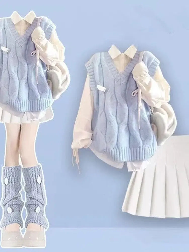 Spring Autumn 2025 Dopaamine College Style Women's Three-Piece Set Drawstring Shirt White Pleated Skirt Vest Fashion Ensemble