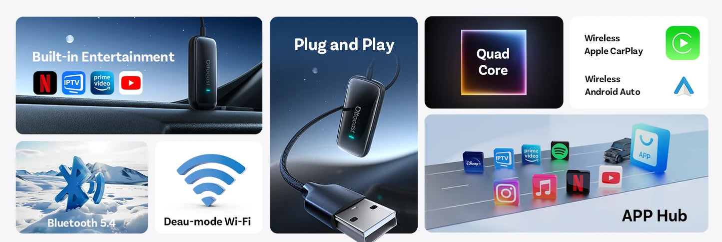 OTTOCAST Play2Video Ultra Wireless CarPlay AI BoxVideo Streaming forCar YouTube Netflix IPTV Plug&Play for Factory Wired CarPlay