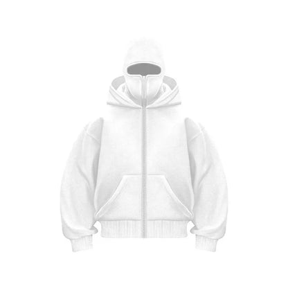 Men's Full Zip Hoodie with Built-in Face Mask Balaclava Techwear Sweatshirt with Crossbody Strap Tactical Streetwear Top