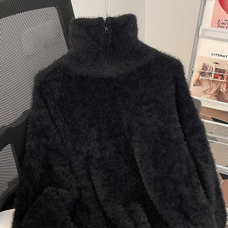 Half zip high neck sweater, men's faux mink fur versatile, solid color, half zip knit sweater, worn with plush sweater on top