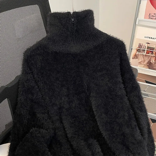 Half zip high neck sweater, men's faux mink fur versatile, solid color, half zip knit sweater, worn with plush sweater on top
