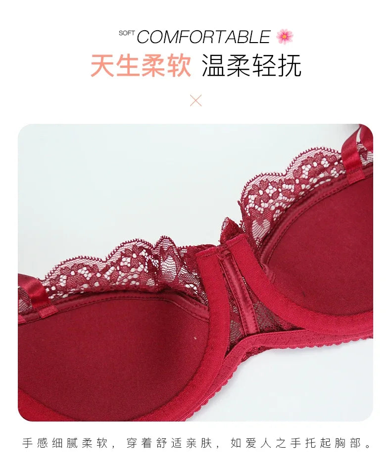 Sexy French Lace Push Up Bra Set for Small Chest, Anti Sagging Half Cup Demi Bra & Panty Lingerie Set, Sheer Adjustable Straps
