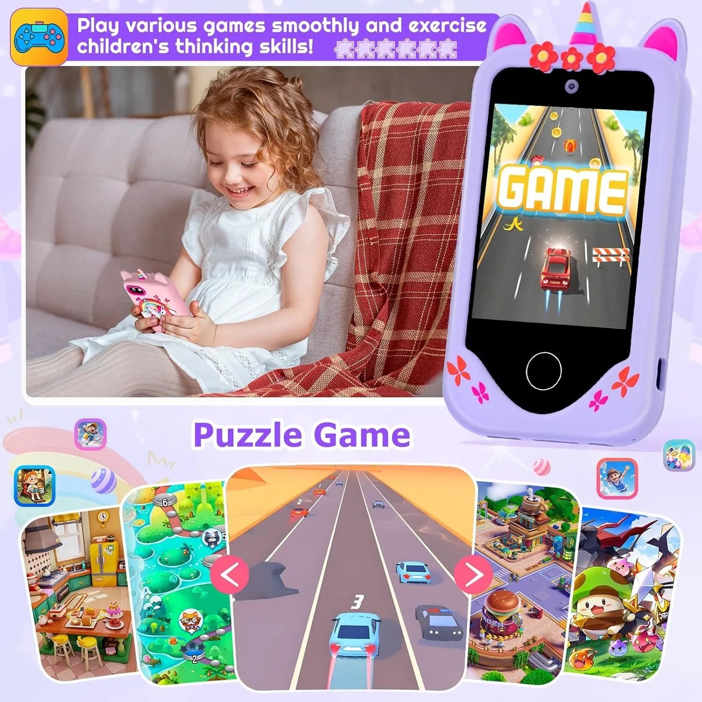 Children Smart Phone Toy 2.8 Inch With Camera 40+ Puzzle & ABC Learning Games Kids Habit Tracker Birthday Xmas Gift Boys Girls