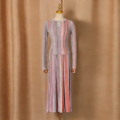 VGH Elegant Stylish Striped Knit Two Piece Set for Women Slimming Long Sleeve Pullovers Pleated Skirt Outfit for Cocktail Events