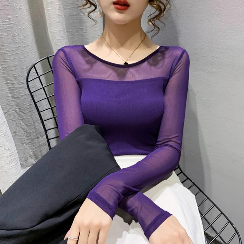 Autumn Winter Round Neck T shirt Women Sexy Mesh Bottoming Shirt Long Sleeve Solid Color Slim Fit Long Sleeve Casual Tops