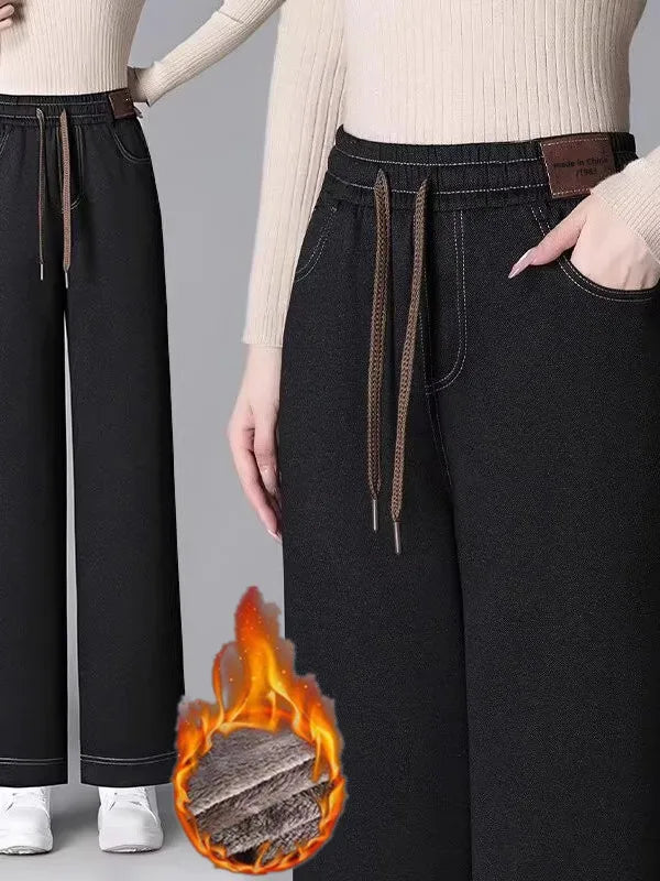 Women's Fleece Lined Wide Leg Pants High Waist Elastic Casual Mom Straight Leg Jeans Style Autumn Winter Fashion Loose Fit
