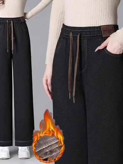 Women's Fleece Lined Wide Leg Pants High Waist Elastic Casual Mom Straight Leg Jeans Style Autumn Winter Fashion Loose Fit
