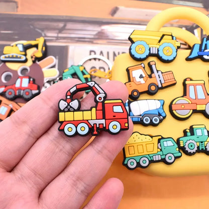 14-100Pcs Mix Engineering Vehicle Shoes Charms Decorations Digger PVC Garden Sandals Button Fit Kids Favorite Birthday Gifts