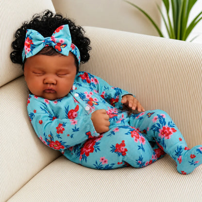 AONPENG 48CM Lifelike Asleep Reborn Baby Doll Toy with Black Brown Skin Vinyl Limbs Cloth Body Handmade Birthday Gift for Kids