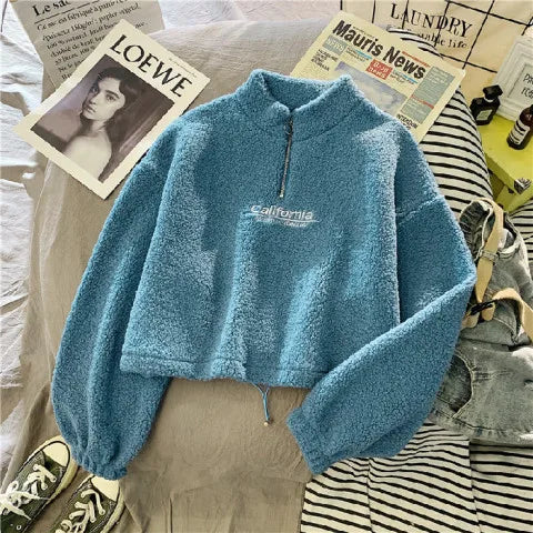 Autumn Winter Fleece Lined Half Zip up Stand Collar Sweatshirt Women's Loose Short Style Lamb Velvet Student Top Coat