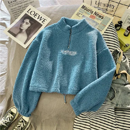 Autumn Winter Fleece Lined Half Zip up Stand Collar Sweatshirt Women's Loose Short Style Lamb Velvet Student Top Coat