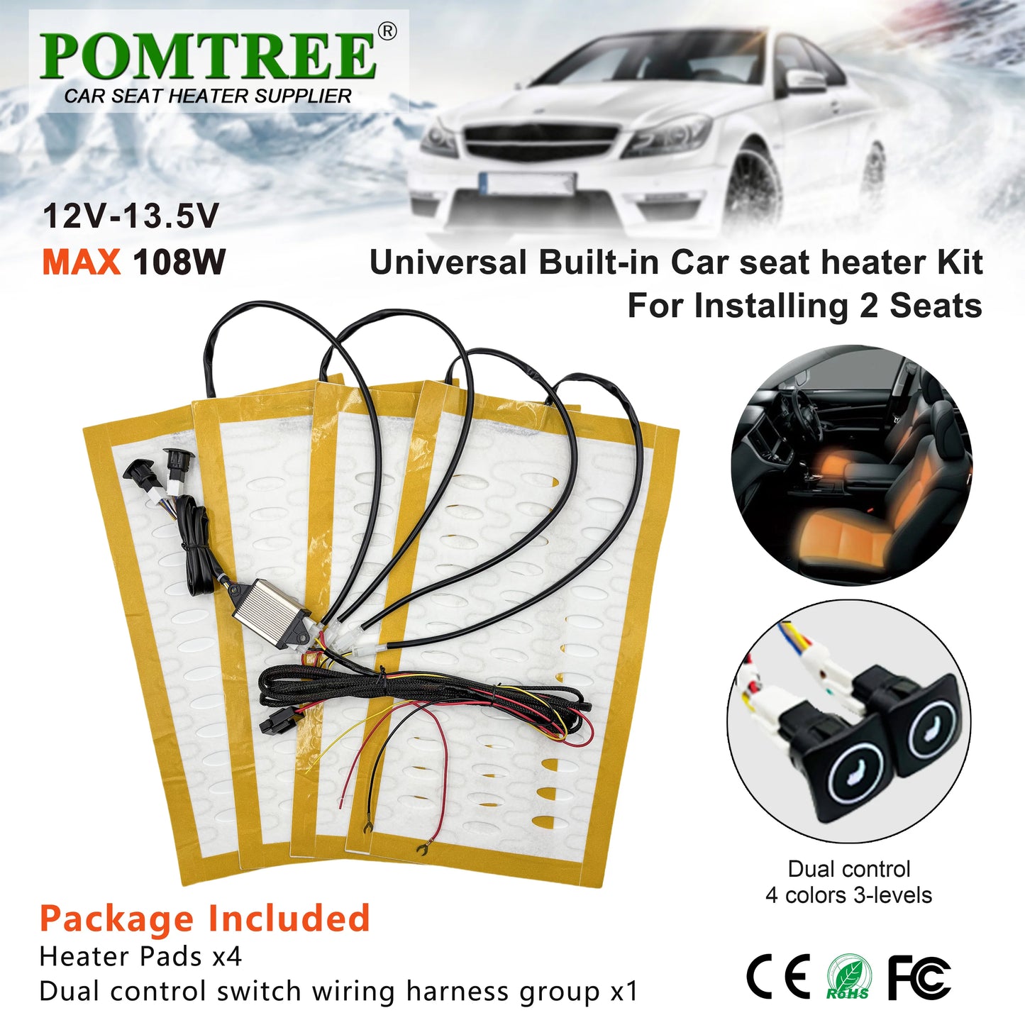 Universal Built-In Car Seat Heater Kit Fit 2 Seats,108W Alloy Wire Heating Pads 3-Level Dual Control Switch with Wiring Harness