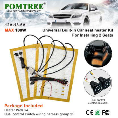 Universal Built-In Car Seat Heater Kit Fit 2 Seats,108W Alloy Wire Heating Pads 3-Level Dual Control Switch with Wiring Harness