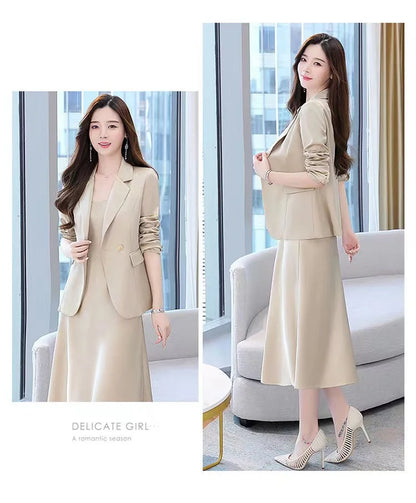 plus Size Women's Dress Suit Set Sleeveless Long Dress with Jacket Autumn Fashion Slimming Two-Piece Set High Waist Korean Style