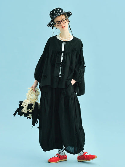 Shirt women 2025 imakokoni original summer art loose handmade hook flower tied rope cardigan top 255002
