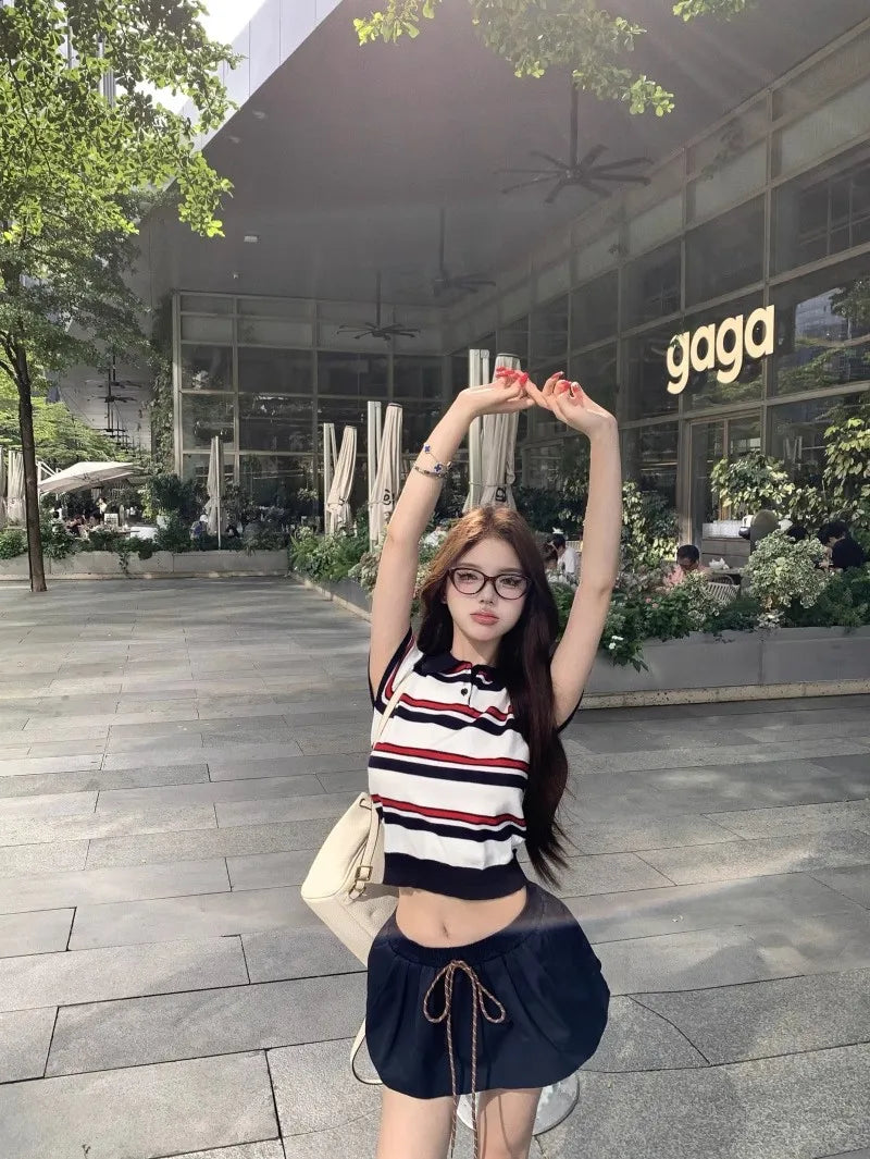 Miu Stripe  Neck Knitted Short Sleeve T-Shirt Women's Summer Design Sensible Short Style Korean Version Slim Fit Top