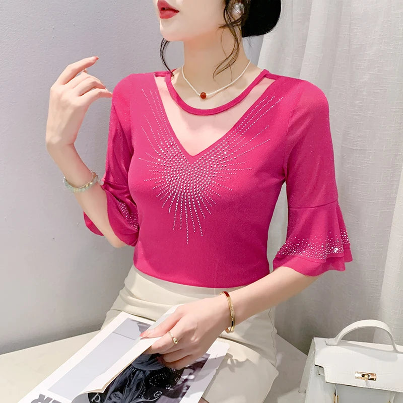2026 Spring Summer Mesh Tops Korean Fashion Diamond T Shirt Slim 3/4 Sleeve Hollow Out Casual Women Shirt