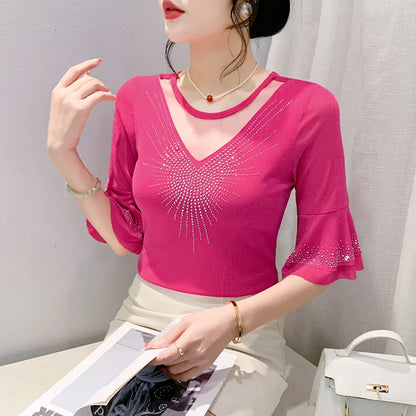 2026 Spring Summer Mesh Tops Korean Fashion Diamond T Shirt Slim 3/4 Sleeve Hollow Out Casual Women Shirt