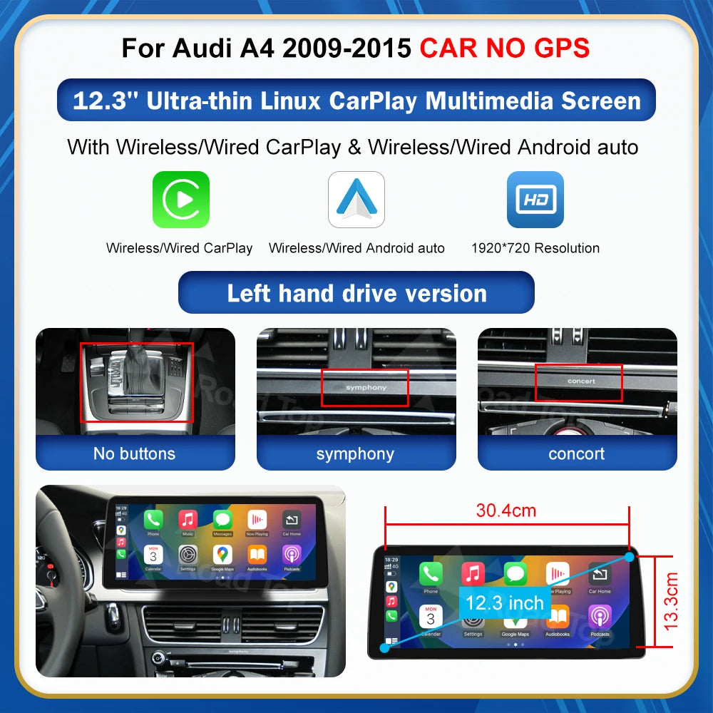CN Road Top 8.9 12.3'' Touch Screen Multimedia Player Andriod Auto Link For Audi A4 S4 B8 2009-2015 GPS Carplay Display Car Play