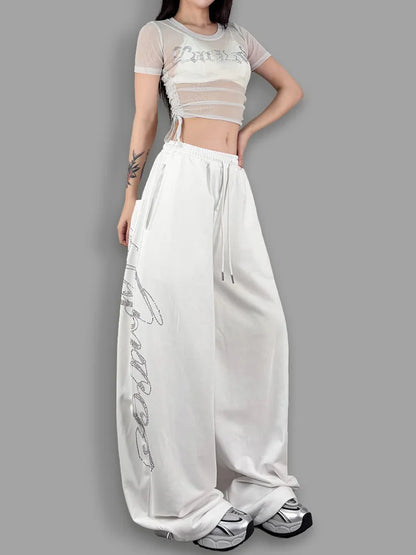 ROKBBK-K Glitter High Waist Wide Leg Pants Women's Street Dance Casual Loose Fashion Cotton Drill Lettering Trousers