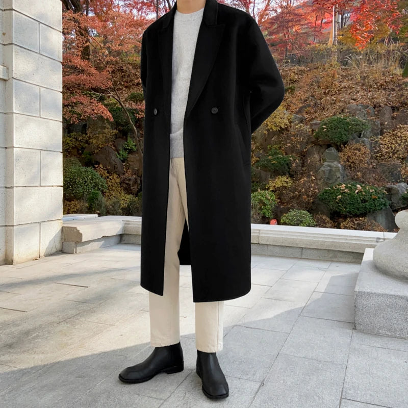 MRCYC Men's Woolen Coat Winter Thiened Korean Sle Loose Tweed Outerwear Mid-Length Double-Sided Tweed Windbreaker