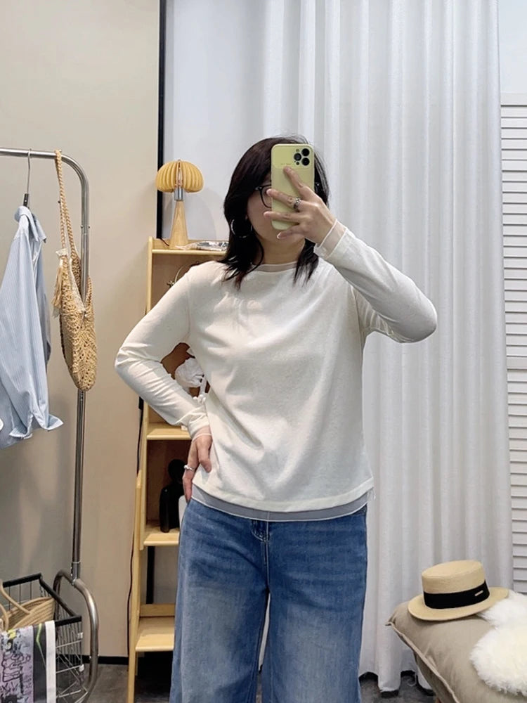 Spring New plus Size round Neck Mesh Splice Loose Long Sleeve Base Shirt Women Fat MM Slimming Belly Cover Simple T-shirt