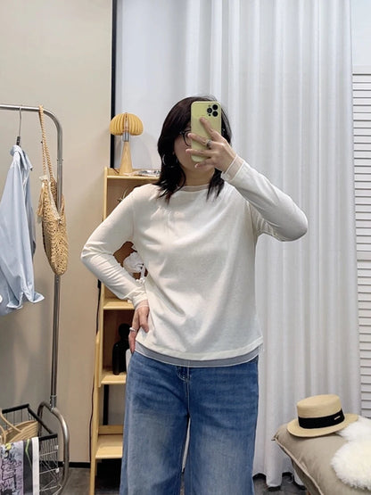 Spring New plus Size round Neck Mesh Splice Loose Long Sleeve Base Shirt Women Fat MM Slimming Belly Cover Simple T-shirt