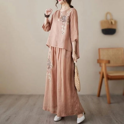 plus Size Women's Retro Cotton Linen Set Wide Leg Pants Slimming Mom Two Piece Suit Spring Fashion Korean Style Commute Wear