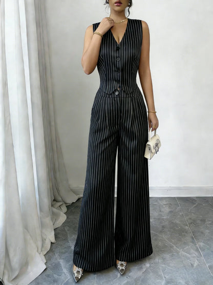 Women's Pinstripe Elegant Trouser Set Sleeveless V Neck Button Vest High Waist Wide Leg Pants Two Piece Set Spring Summer Outfit