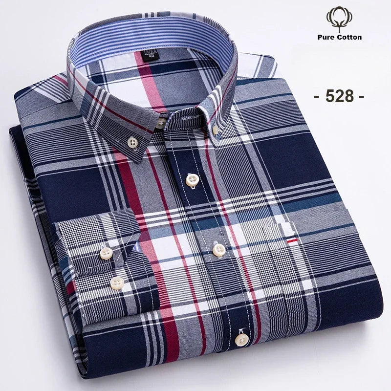 New In Shirt Plus Size 7XL 100% Cotton Oxford Long-Sleeve Shirts for Man Slim Fit Formal Plain Shirt Plaid Office Elegant Clothe