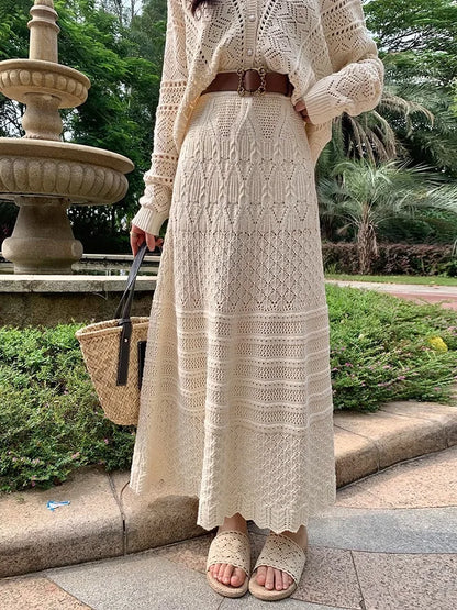 Kumikumi Lazy Style Hollow out Knitted Cardigan Jacket Women's High Waist  Skirt Fashion Set Spring 2025 Acrylic Fabric