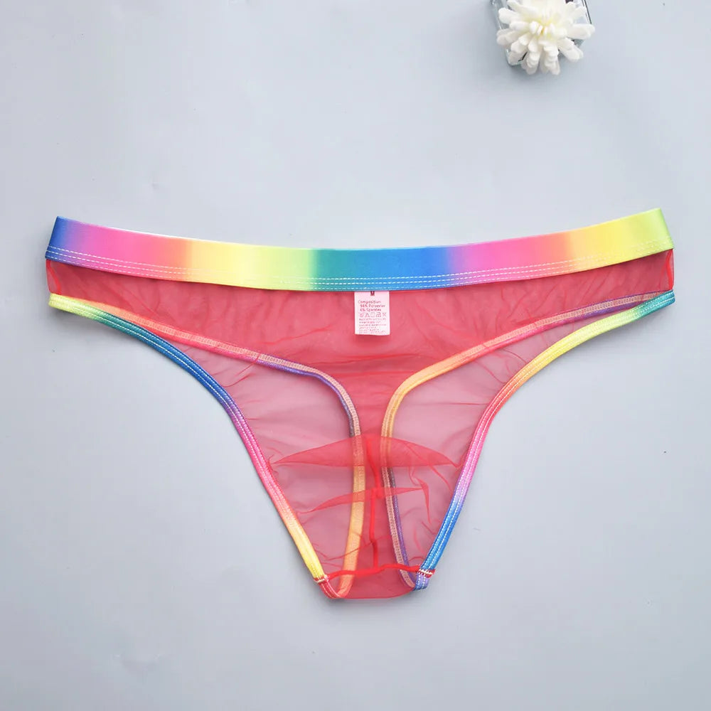 Transparent Mesh Men's Thongs with Rainbow Waistband - Sexy Breathable Underwear Perfect for Special Nights & Casual Use