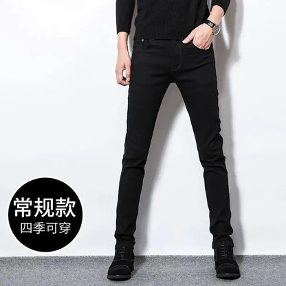 Warm Fleece Lined Elastic Waist Casual Straight Leg Men's Jeans Premium Quality Autumn Winter Thickened Stretch Denim Pants