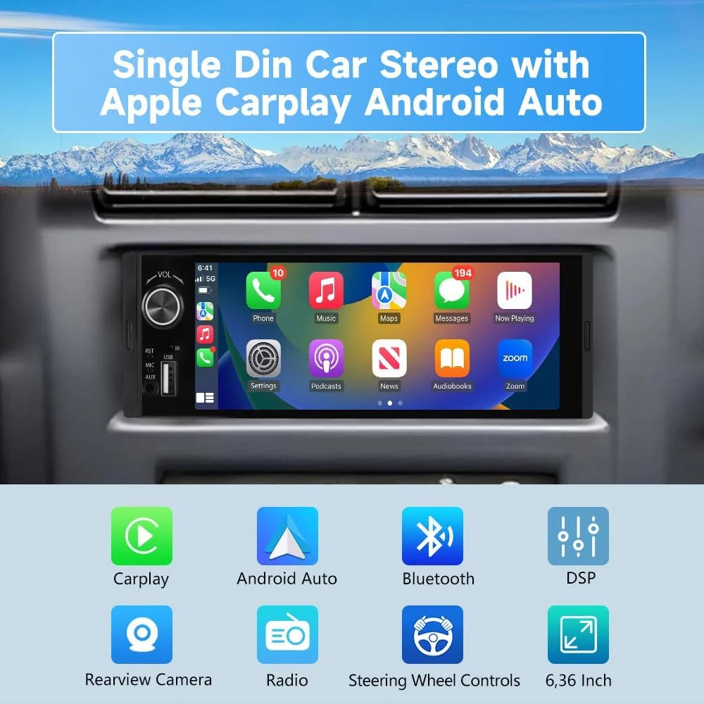 1DIN 6.86inch Universal MP5 Car Radio Support Wireless Carplay Android AUTO AUX USB BT Touch Screen Multimedia Video Player