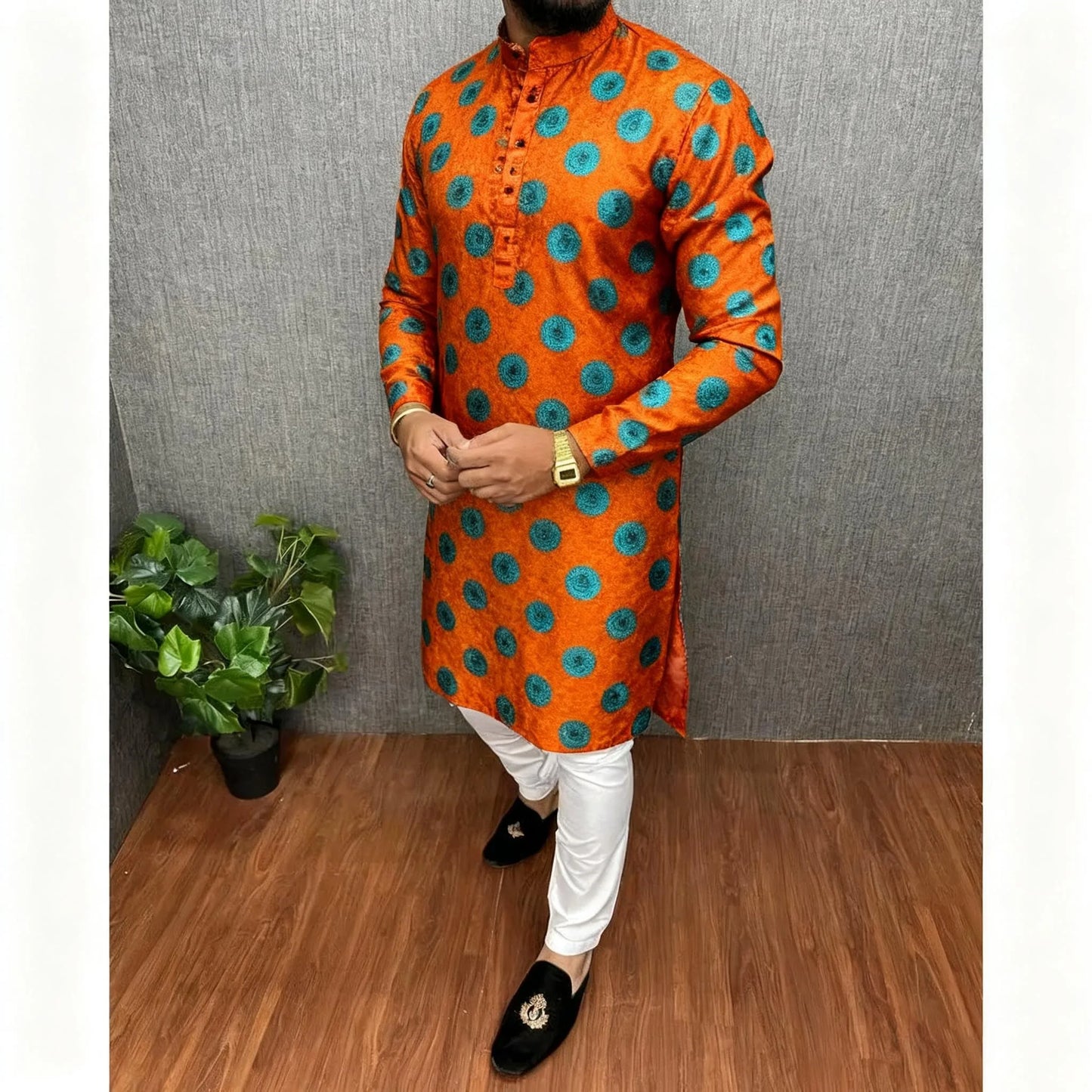 Men Islamic Arabic Abaya Robe Ethnic Print Stand Collar Youth Mid-length Shirt Luxury Coat Moslim Kleding Vestiti Musulmani Uomo