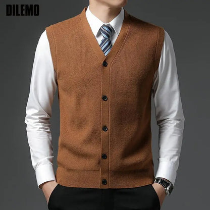 Level 4 Super Anti-pilling Top Grade Pleuche New Winter V Neck Woolen Fashion Brand Knit Cardigan Casual Sweater Vest Sleeveless