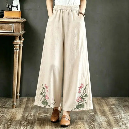 High-End Retro Embroidered Cotton Linen Wide Leg Pants Women Summer Lightweight Breathable High Waist Slimming Casual Travel