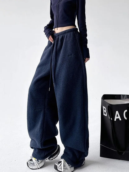 High Waist Drawstring Straight Leg Fleece Lined Casual Pants Women's Thickened Winter Fashion Korean Style Warm Trousers
