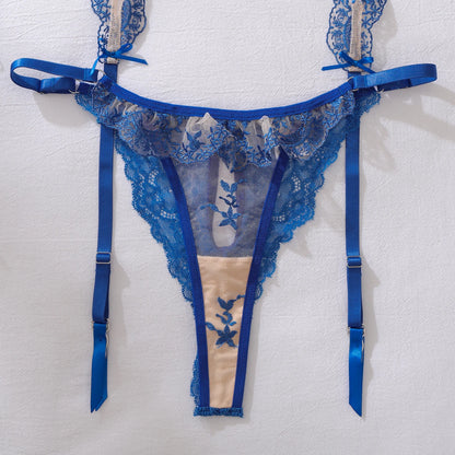 2026 Embroidered Perspective Bow Decoration Blue Flower Waist Slimming Sexy Split Underwear Set