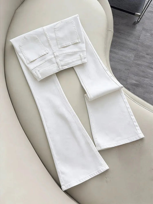 White Slim Fit Straight Leg Jeans Men's American High Street Style Micro Flared Pants Youth Casual Wear All Seasons