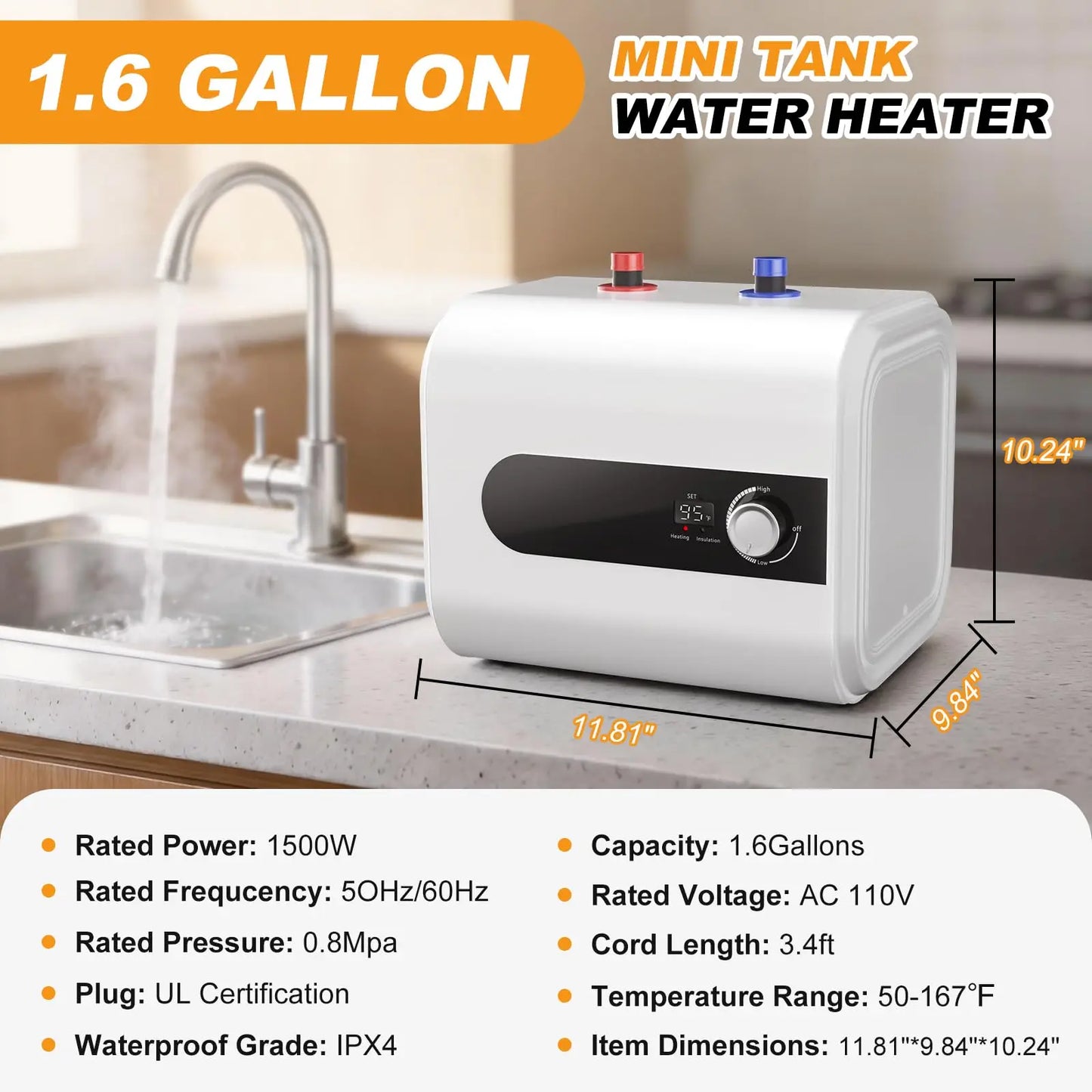 6L/1.6 Gallon Mini Tank Water Heater Electric, 1500W Under Sink Hot Water for Point of Use, 110V Instant Hot Water Heater for Kichen Bathroom Restaurant, Wall or Floor Mounted