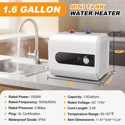 6L/1.6 Gallon Mini Tank Water Heater Electric, 1500W Under Sink Hot Water for Point of Use, 110V Instant Hot Water Heater for Kichen Bathroom Restaurant, Wall or Floor Mounted