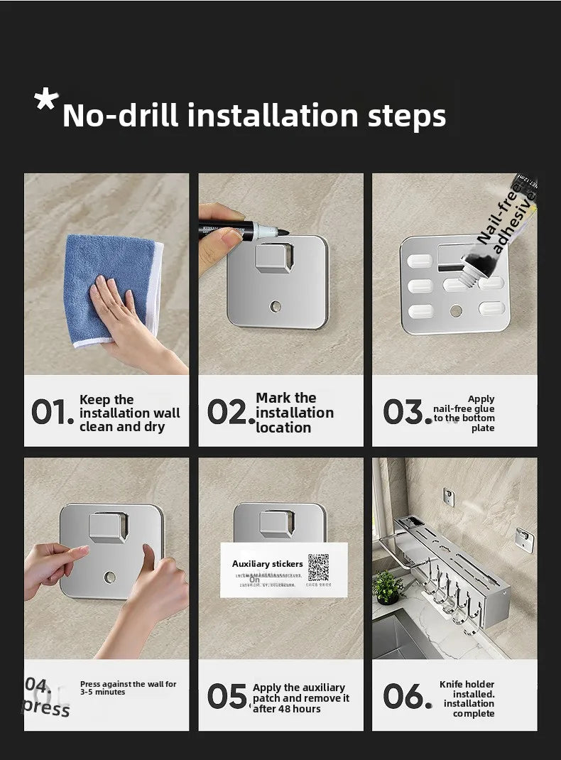 Stainless Steel Kitchen Knife Holder Wall Mounted No Drilling Multi-Function Chopsticks And Kitchen Knife Storage Rack
