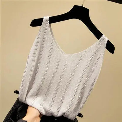 Rhinestones Tank Top Elegant Sleeveless Shiny Loose Knit Camis Corset Summer Women's Tube Top Aesthetic Clothing Korean