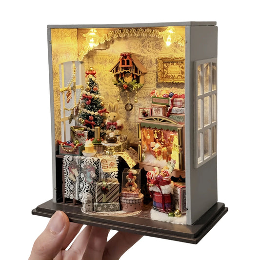 DIY Miniature Dollhouse Christmas Cottage, 3D Wooden Puzzle DIY Kit with LED Light, Creative Christmas Birthday Gift Home Decor