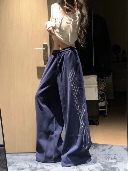 American Style Letter Embroidered Wide Leg Pants Women's Spring Summer Korean Version Trendy Hiphop Jazz Dance Sport Sweatpants