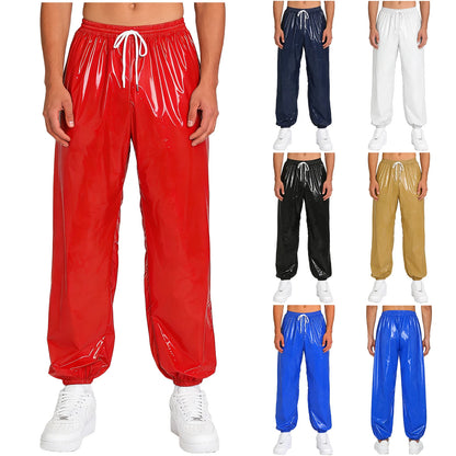 Mens Shiny Y2K Drawstring Jogging Pants Waterproof Elastic Waistband Side Pockets Track Baggy Glossy Pants Hip Hop Trousers