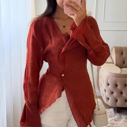 Fashion Red Cotton Linen Shirts Women V-Neck Long Sleeve Bandage Thin Blouses 2026 New Spring Summer Cotton Chic Tops For Women